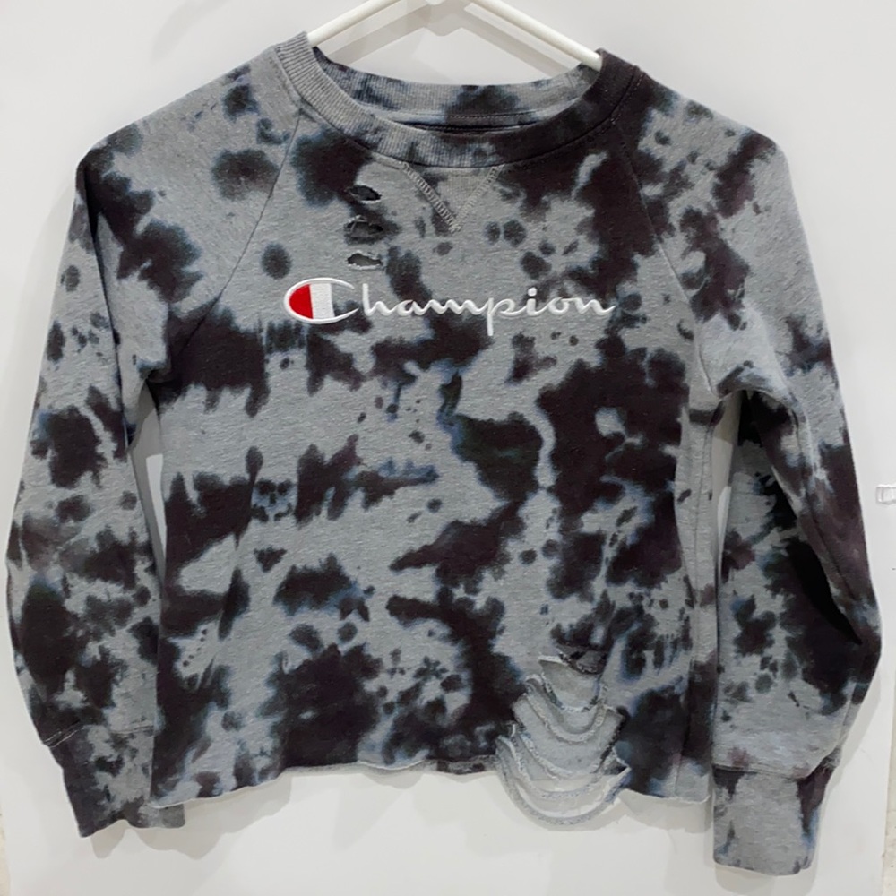 EUC Tie Dye Distressed Cropped Champion Sweatshirt Black Gray Medium